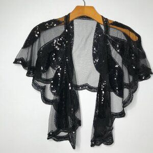 WOMENS MANTILLA SHAWL SCARF BLACK SEQUIN SHAWL WRAP SHEER CAPE SHRUG